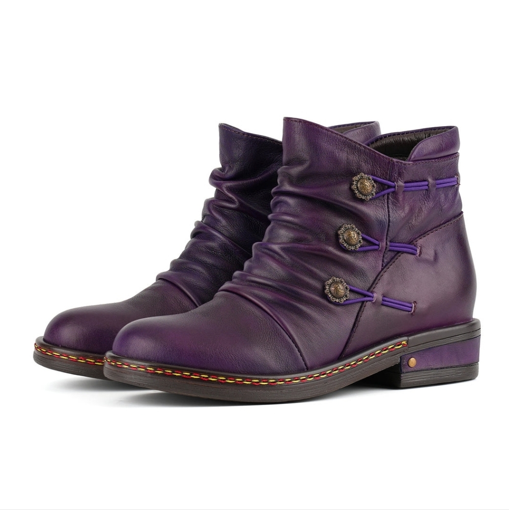 Superladystarr Retro Charm Leather Flat Ankle Boots In Purple, size 6.5 NWT